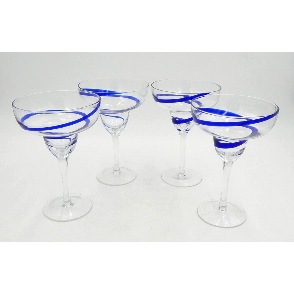 Pier 1 Cobalt Blue Swirline Hand Blown 7 In Margarita Glasses Set of 4 Vintage